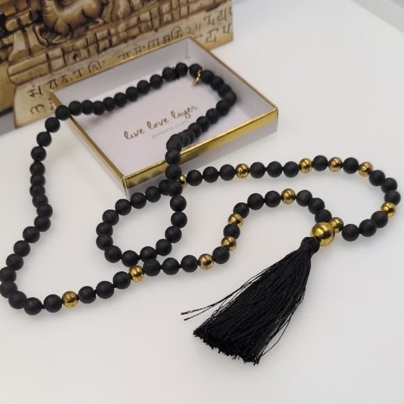 Gorjana Hannah Drusy Black and Gold Beaded Necklace with Tassel Mana Beads - Picture 2 of 7